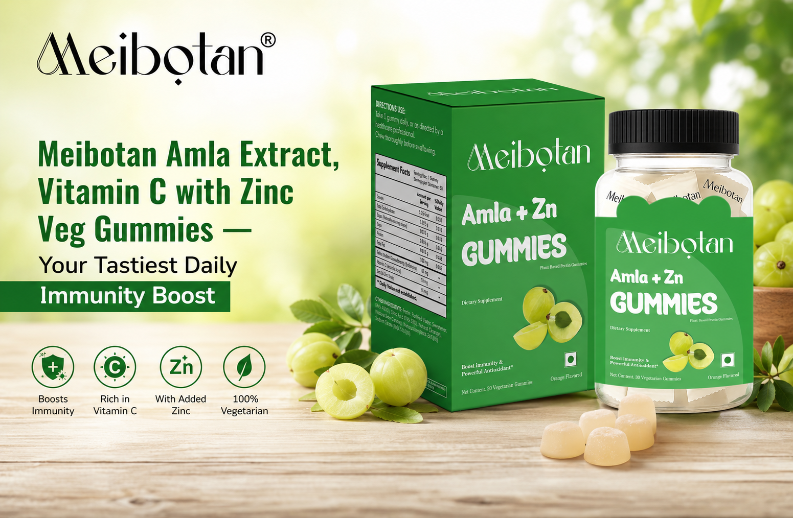 Meibotan Amla Extract, Vitamin C with Zinc Veg Gummies — Your Tastiest Daily Immunity Boost