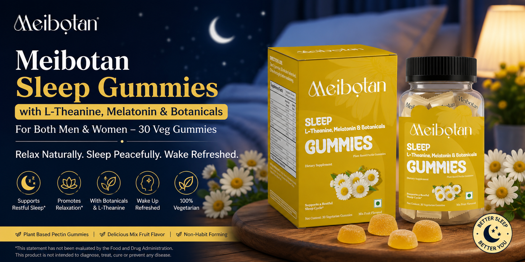 Meibotan Sleep Gummies with L-Theanine, Melatonin & Botanicals: The Best Sleep Gummies for Restful Nights